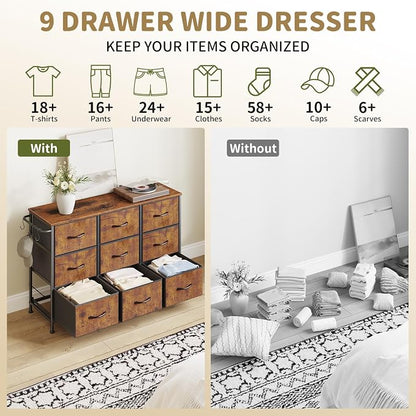 Dresser for Bedroom, Small Fabric Dressers for Kids Bedroom, 9 Drawers Dresser for Closet, Storage Organizer Chest of Drawers for Nursery, Dorm, Apartment, TV Stand, Wood Top, Side Hook (Rustic Brown)