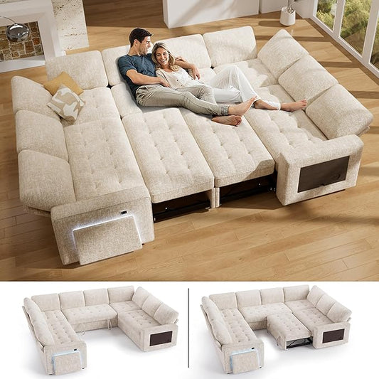 Vipbear 8 Seat U Shaped Modular Sectional Sleeper Sofa with Pull Out Bed/Reclining Backrest/USB Ports/Table/LED Light/Storage Seat, Sectional Sleeper Couch, Tool-Free Assembly, Chenille Beige