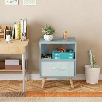 Huhote Kids Nightstand, 2-Tier Night Stand with Drawer, Modern Side Table for Bedroom, Study Room, Small Spaces, Blue