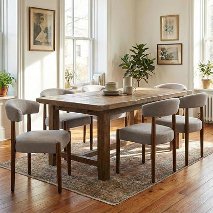 VKNOW Wooden Dining Chairs Set of 6, Modern Upholstered Dining Room Chairs with Walnut Wood Legs and Curved Backrest, Fabric Kitchen Chairs for Farmhouse/Living Room/Dining Room, Brown