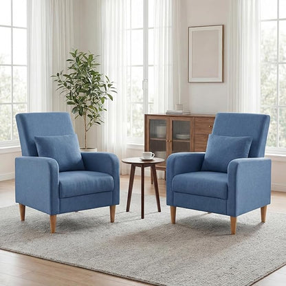 COLAMY Mid-Century Modern Upholstered Accent Chair with Back Pillow & Solid Wood Legs, Fabric Cozy Armchair for Living Room, Bedroom, Reading Nook, Apartment & Small Spaces, Blue