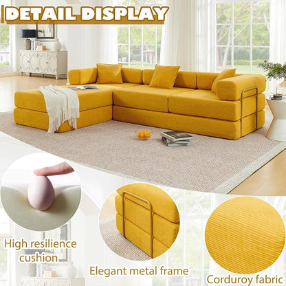 HANXIN 108" Modular Sectional Sofa,Futon Convertible Sofa Bed,Oversized Corduroy Boneless Couch for Living Room,Floor Loveseat Sleeper with Pull Out Bed,Free Combination,No Assembly Required (Yellow)