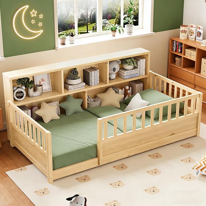 Bellemave Kids Montessori Floor Bed Twin Size,Floor Bed Frame with Bookcase and Fence for Kids Boys Girls,Natural