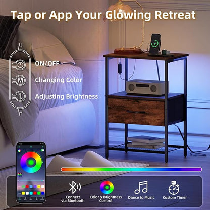 Somdot Nightstand with Charging Station and LED Light for Bedroom, Bedside Table End Table for Dorm Guest Room Bedside Kids Laundry Closet Entryway Hallway, Wood Grain Print