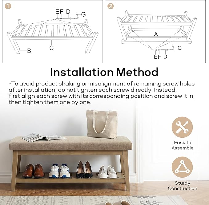 Entryway Bench with Cushion, Upholstered Shoe Rack Bench with Solid Wood Shelf, 44" End of Bed Bench for Bedroom, Chenille Fabric Storage Bench for Entryway, Hallway, Living Room (Brown)
