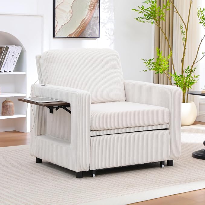 3 in 1 Folding Convertible Sleeper Sofa Bed Pull Out Couch with Side Pockets USB Port Side Table Single Sofa Bed with Adjustable Backrest for Living Room Bedroom 66" Beige 1 SEAT
