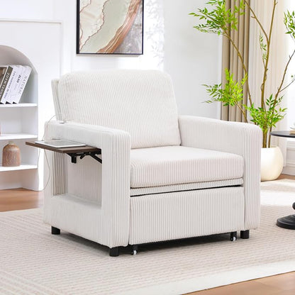3 in 1 Folding Convertible Sleeper Sofa Bed Pull Out Couch with Side Pockets USB Port Side Table Single Sofa Bed with Adjustable Backrest for Living Room Bedroom 66" Beige 1 SEAT