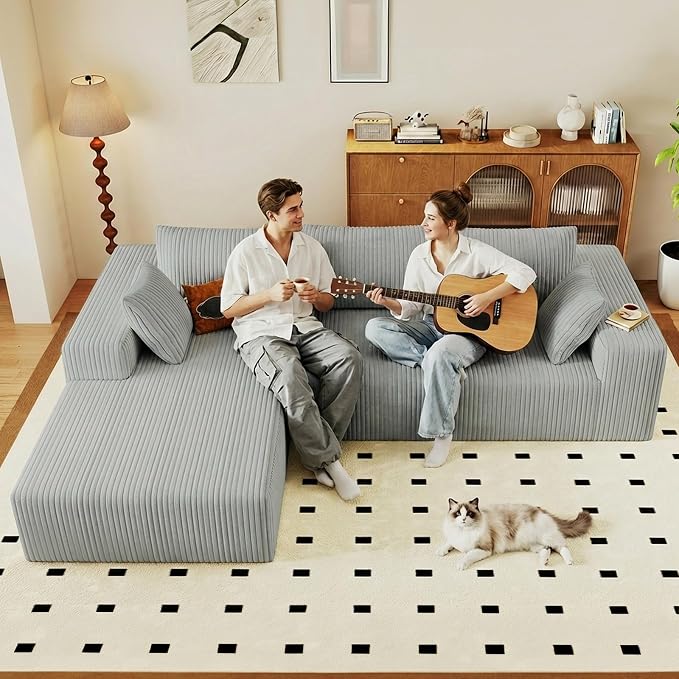 95" Cloud Sectional Couch with L-Shape Chaise, Modular Comfy Sofa Chaise Longue, Upholstered Corduroy Couches Sleeper with Deep Seat for Living Room, No Assembly Required(Light Grey, Left Facing)