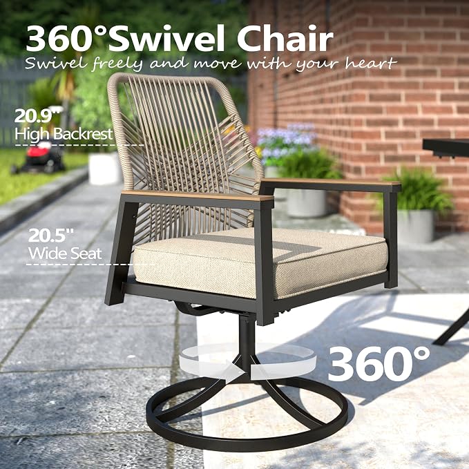MIXPATIO 7 Pieces Outdoor Patio Dining Set, Wicker Patio Table and Chairs Set of 6, Swivel Wicker Chairs with 3.2" Cushion and 54" Round Table for Yard, Porch, Beige