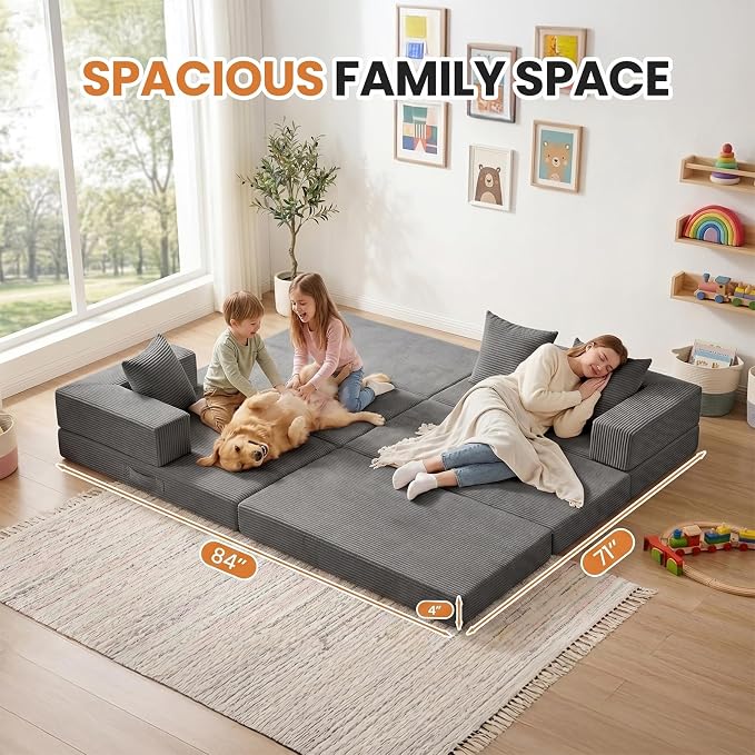 Boneless Couch Small,Convertible Sleeper Sofa Bed, Modular Sectional Sofa, Modern Tri-Folding Cloud Couch with L-Shape Chaise, Corduroy Futon Couches for Small Spaces Apartment,No Assembly