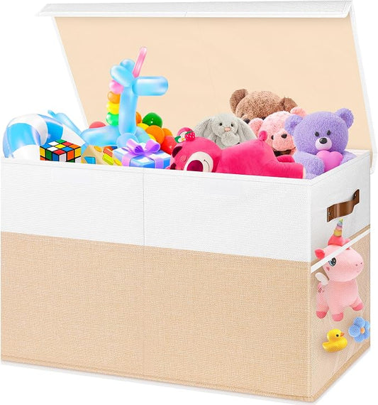 Mabahoo Large Toy Box, Collapsible Sturdy Storage Chest With Lids, Kids Toy Chest Storage Organizer Toddler Bin Boxes for Living Room, Bedroom, Nursery, 25"x13"x16", Beige & White