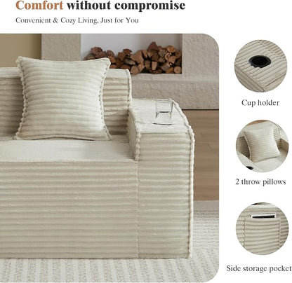 Boneless Sofa Couches with Cup Holder for Compact Living Rooms, Apartments (Camel, Single Chair + 3 Seat Sofa)