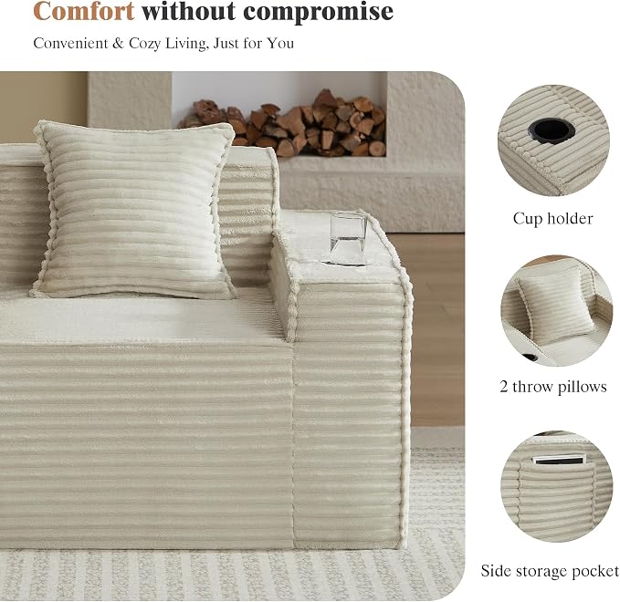 2 Pcs Living Room Cloud Sofa Set,Boneless Sofa Couch with Cup Holder and Side Pocket for Compact Living Rooms, Apartments (Camel, Loveseat + 3 Seat Sofa)