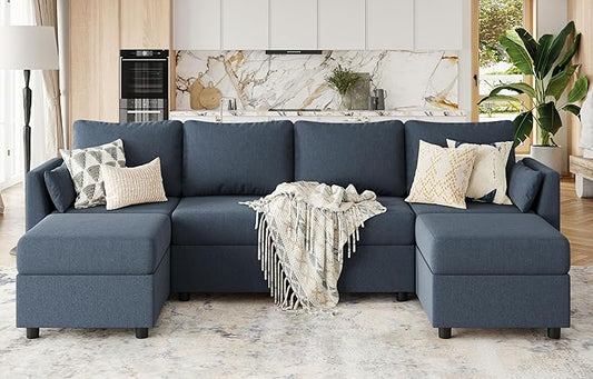 Huatean Home 114.17" Modular Sectional Sofa, 6 Seat Modular Couch with Storage, Memory Foam, Convertible Sectional Couches for Living Room, U Shaped Comfy Modular Sofa with Chaise, Blue Grey