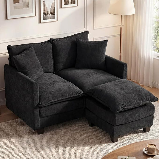 50'' L-Shape Loveseat Sofa with 22" Ottoman, 2 Seat Modern Cloud Couch with 2 Washable Pillows for Small Space Apartment Office Living Room Bedroom, Black