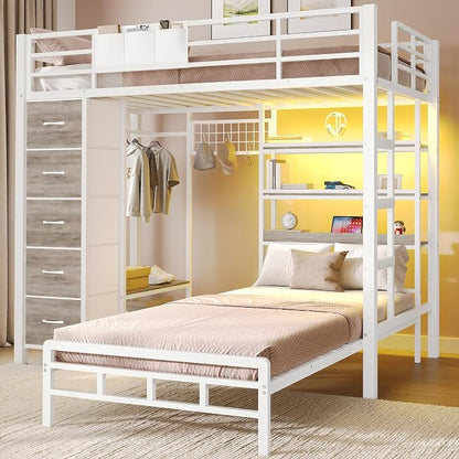 VIAGDO Bunk Bed Twin Over Twin with 5 Storage Drawers, Twin Bunk Beds with Charging Station and Lights, L-Shaped Metal Bunk Bed with Shelves, Bedside Pocket, Guardrail & Ladder for Kids, Teens, White