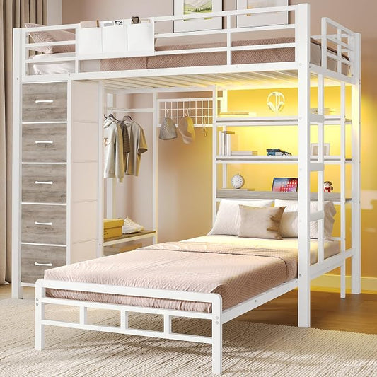 VIAGDO Bunk Bed Twin Over Twin with 5 Storage Drawers, Twin Bunk Beds with Charging Station and Lights, L-Shaped Metal Bunk Bed with Shelves, Bedside Pocket, Guardrail & Ladder for Kids, Teens, White