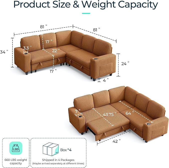 LINSY HOME Sectional Sleeper Sofa with Pull Out Couch Bed - Convertible Plush Corduroy Cloud Couch with Storage Chaise & USB Charging, Comfy L Shaped Modular Couches for Living Room Apartment, Brown