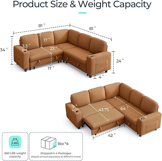 LINSY HOME Pull Out Sofa Bed Sectional Sleeper Sofa with Storage, Plush Corduroy Pullout Modular Sectional Couches for Living Room, L Shaped Convertible Couch Bed for Apartment (Brown)