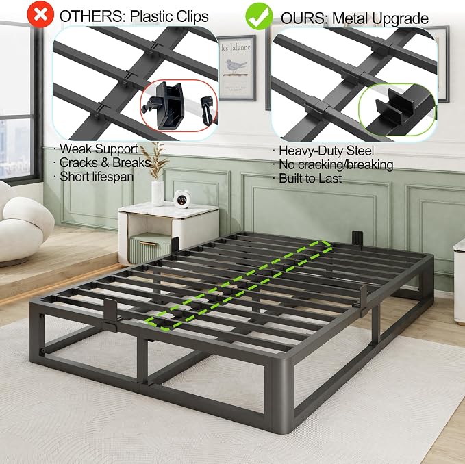 Bilily 6 Inch Queen Bed Frame with Round Corner, Heavy Duty 3500 LBS Steel Slats Support with Mattress Slide Stopper, No Box Spring Needed, Noise Free, Easy Assembly