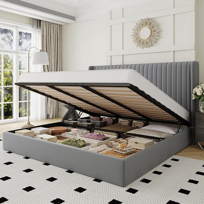 Allewie King Size Lift Up Storage Bed Frame, Hydraulic Support System, Upholstered Platform Bed Frame, Underneath Storage, Vertical Channel Tufted Headboard with Wingback, No Box Spring Needed, Grey
