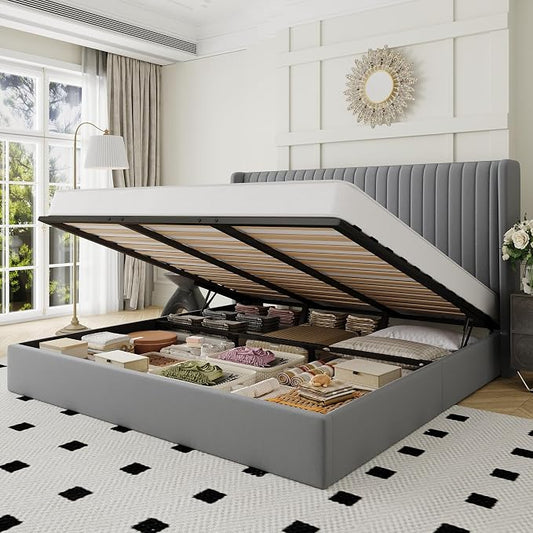 Allewie King Size Lift Up Storage Bed Frame, Hydraulic Support System, Upholstered Platform Bed Frame, Underneath Storage, Vertical Channel Tufted Headboard with Wingback, No Box Spring Needed, Grey