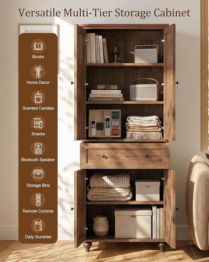 80" Tall Storage Cabinet with Louvered Doors and Adjustable Shelves, Farmhouse Kitchen Pantry Cabinet, Freestanding Storage for Dining Room, Living Room, Home Office, Bathroom, Cracked Oak