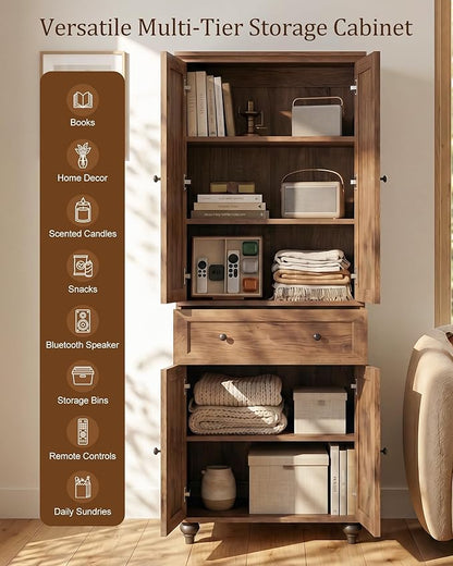80" Tall Storage Cabinet with Louvered Doors and Adjustable Shelves, Farmhouse Kitchen Pantry Cabinet, Freestanding Storage for Dining Room, Living Room, Home Office, Bathroom, Cracked Oak