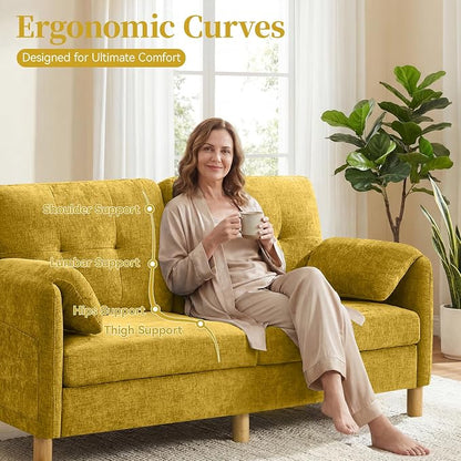 65" Loveseat Sofa, Mid Century Loveseat Couch for Living Room with Storage Pockets, Upholstered Small Loveseat for Small Spaces, Bedroom, Home Office, Apartments, Small Sofa Chenille Yellow