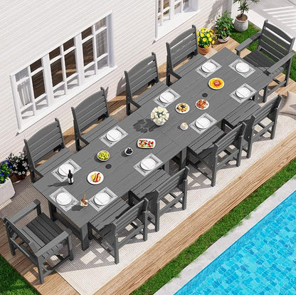 SERWALL Outdoor Dining Sets for 10 Person, HDPE Dining Set with 2 Tables, 8 Armless Chairs and 2 Armed Dining Chairs, Gray