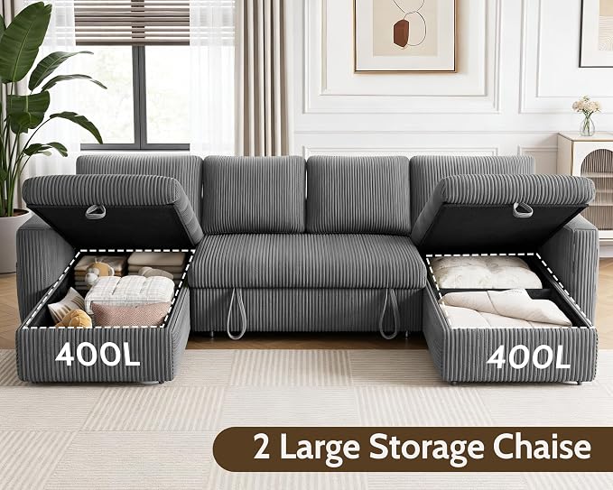 WEUP 106" U Shaped Sectional Sleeper Sofa Bed with Pull Out Bed, Sectional Sleeper Couch Pull Out Couch with Reclining Backrest/Reversible Storage Chaise/USB Ports/Tool-Free Assembly, Corduroy Grey