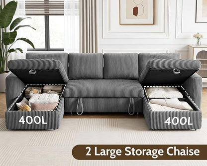 WEUP 106" U Shaped Sectional Sleeper Sofa Bed with Pull Out Bed, Sectional Sleeper Couch Pull Out Couch with Reclining Backrest/Reversible Storage Chaise/USB Ports/Tool-Free Assembly, Corduroy Grey