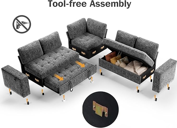 Vipbear 5 Seat L Shaped Modular Sectional Sleeper Sofa Bed with Pull Out Bed/Reclining Backrest/USB Ports/Storage Seat, Sectional Sleeper Couch, Tool-Free Assembly, Chenille Dark Grey