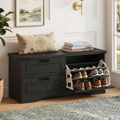 FATORRI Entryway Bench with Storage, 41 Inch Shoe Storage Bench, Industrial Wood Shoe Bench for Entry Way, Living Room, Bedroom and Mudroom (Black)