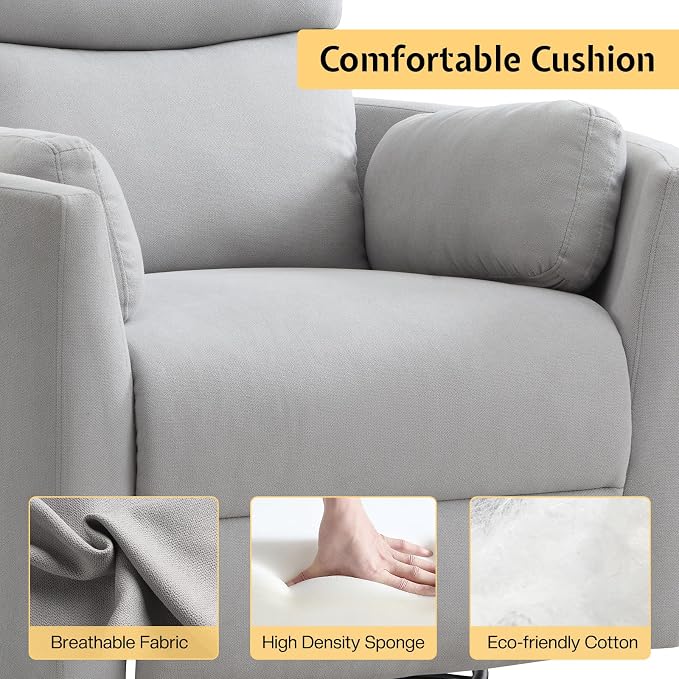 Jocisland Power Recliner Nursery Chair for Adults, Electric Swivel Rocking Glider with USB & Type-C, Soft Fabric Armchair with 2 Pillows, Cozy Reclining Sofa for Living Room, Bedroom, Light Grey