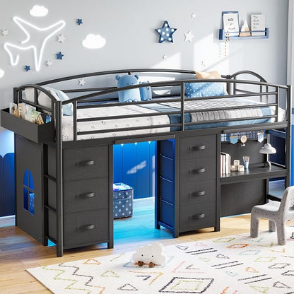 Low Loft Bed Twin Size with 7 Storage Drawers, Desk and LED Lights, Heavy Duty Metal Kids Loft Bed with 13.8" H Safety Guardrail, Anti-Collision Pad, Private Play Curtain, Under-Bed Play Space - Black