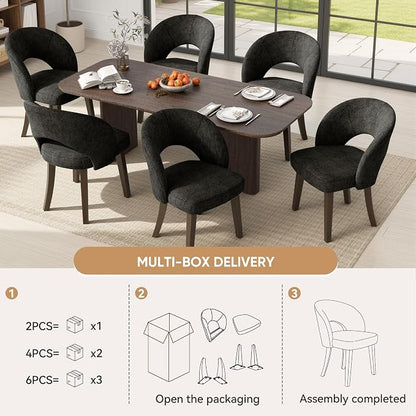 Dining Chairs Set of 6, Mid Century Modern Dining Chairs with Solid Wood Legs, Curved Back Kitchen Chair Farmhouse Side Upholstered Chairs for Kitchen Dining Room, Black