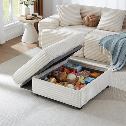 35" Corduroy Ottoman with Storage, Oversized Storage Ottoman for Living Room, Large Square Ottoman for Sofa Couch, Beige