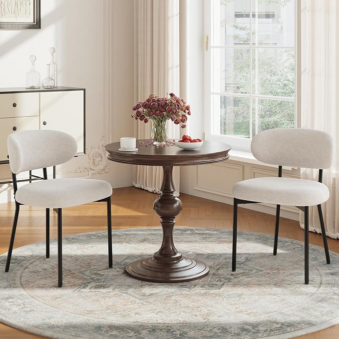 Upholstered Dining Chairs Set of 2, Modern Fabric Kitchen Chairs with Curved Backrest and Cushioned Seat, Sturdy Metal Legs, Comfortable Accent Chairs for Kitchen Dining Room, Living Room,Beige