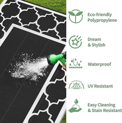 GENIMO 9 ' x 12 ' Outdoor Rug for Patio Clearance, Waterproof Indoor Outdoor Plastic Straw Rugs Carpet, Reversible Outside Area Rv Mat for Camping, Balcony Porch, Deck, Picnic, Beach (Black & White)