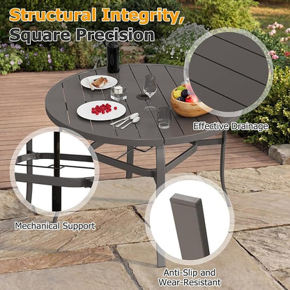 EROMMY 5-Piece Round Outdoor Patio Dining Set, 4 Metal Slat Chairs & Round Table with Umbrella Hole, All-Weather Outdoor Furniture for Backyard, Garden and Poolside