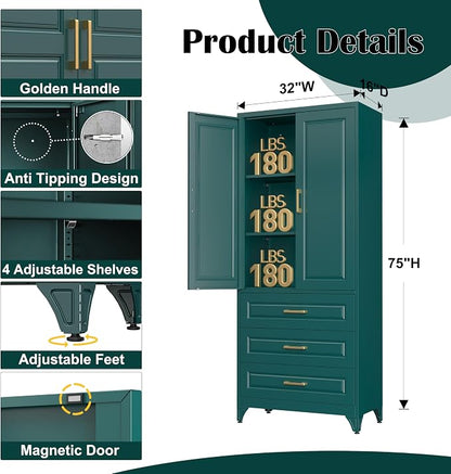 SteeLoong 75" Kitchen Pantry Cabinet with 3 Drawer,Metal Storage Cabinets with Doors and 2 Adjustable Shelves,Green Kitchen Cabinet with 2 Gold Handles,Food Cupboard for Livingroom,Pantry, Bathroom
