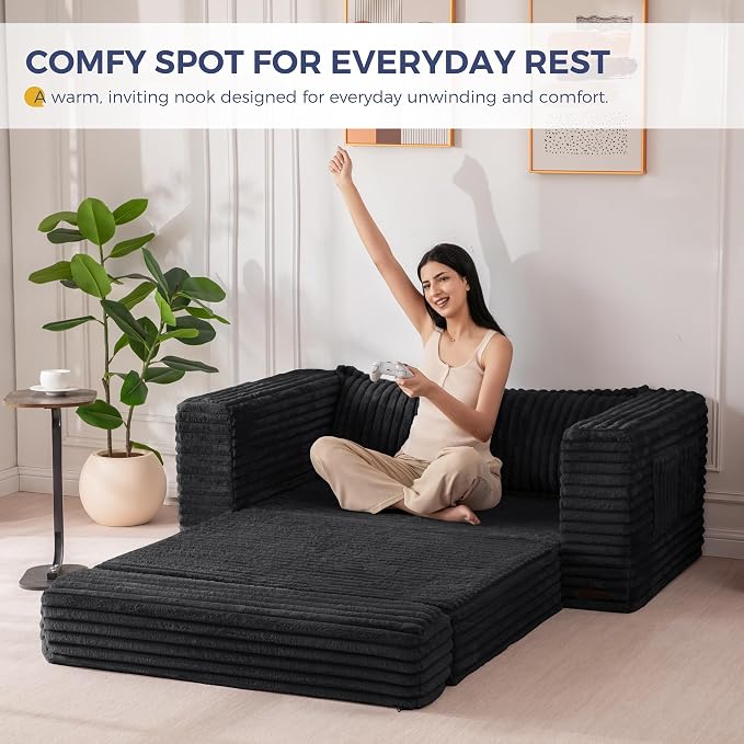 MAXYOYO Convertible Sofa Bed, 2 in 1 Folding Couch Bed for Small Space, Pull Out Loveseat Sofa Couch with Large Back Pillow, Plush Faux Fabric Lounge Couch for Living Room, Apartment, Black