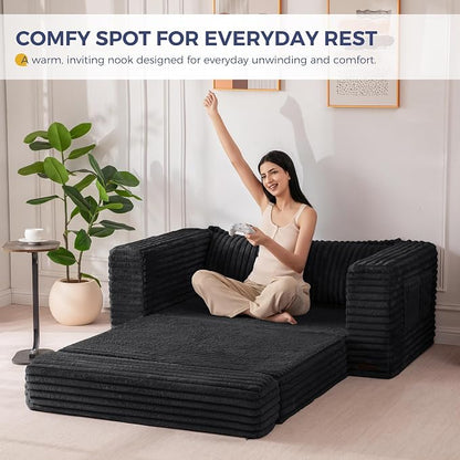 MAXYOYO Convertible Sofa Bed, 2 in 1 Folding Couch Bed for Small Space, Pull Out Loveseat Sofa Couch with Large Back Pillow, Plush Faux Fabric Lounge Couch for Living Room, Apartment, Black