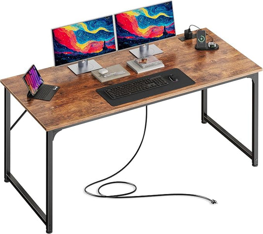 PRAISUN 54 X 24 Inch Deeper Desk with Power Outlets | Large Computer Desk for Bedroom, Office Desk for Work from Home, Writing Study Gaming Table, Stable Metal Frame, Rustic Brown