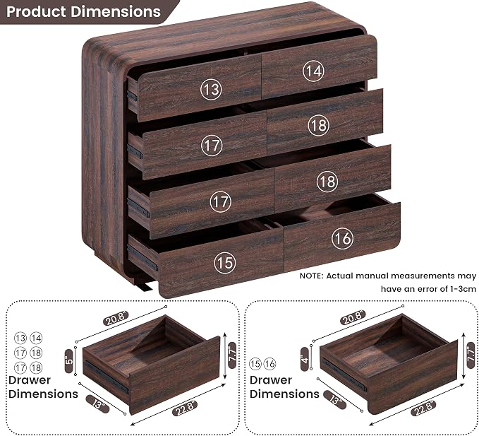 Standifurno Modern 8 Drawer Dresser, 47- Inch Wood Chest of Drawers with Large Storage, Walnut Dresser Closet for Bedroom, Living Room, Nursery.