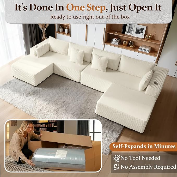 138" Cloud Sectional Couch, Comfort U Shaped Sofa for Living Room, Extra Deep Seats No Assembly, Minimalist Modular Couch, Corduroy (Cream, 6 Seats,U-Shape A)