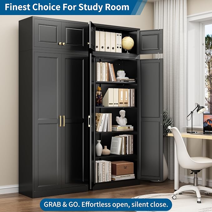 86" Tall Black Metal Storage Cabinet with Doors and 4 Adjustable Shelves, Heavy Duty Steel Pantry Cabinet for Garage, Kitchen, Extra Large Industrial Cupboard (2 Packages)