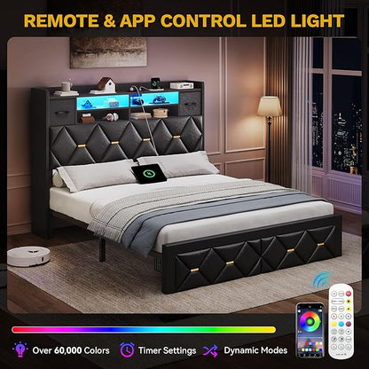 YITAHOME Full Size Bed Frame with 2 Storage Drawers and Storage Headboard, Upholstered Platform with Charging Station and LED Light, No Box Spring Needed, Noise Free, Easy Assembly, PU Leather Black
