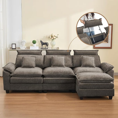 103'' Cloud Modern 3 Seater Couch with Detachable Headrest, Modular Sectional Sofa with Ottomant, Oversized L Shape Chenille Comfy Sofa with Armrests for Living Room, Brown